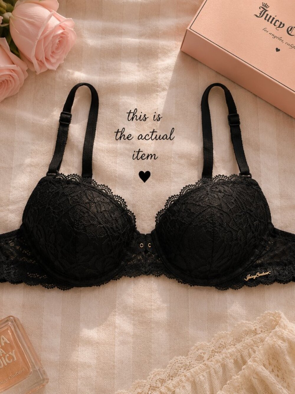 Juicy Couture Black Lace Push-Up Bra | Romantic 2000s Lingerie | Gold Logo 36B